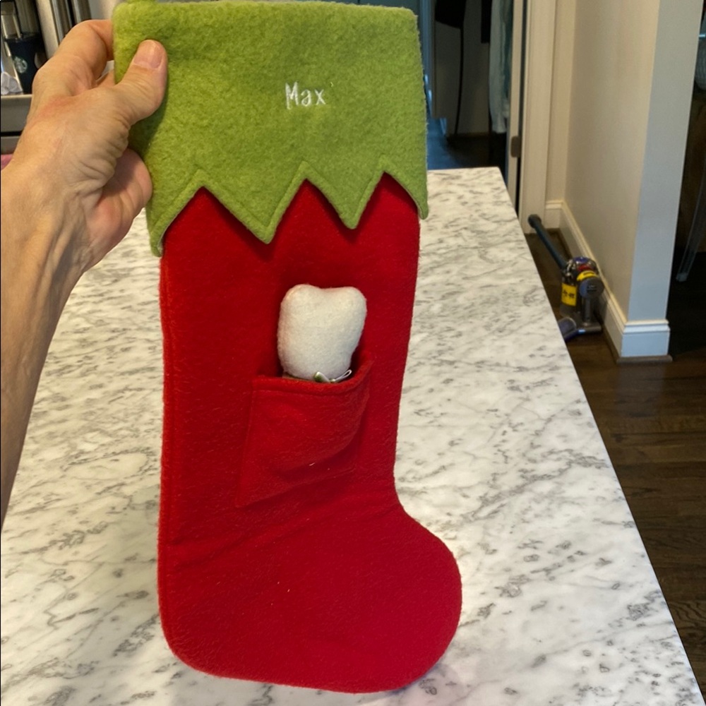 Lands' End Red and Green monogrammed pet “Max”stocking